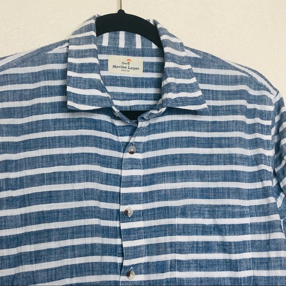 Marine Layer Causal Shirt Medium Cotton Blue White Stripes Half Button Down - Picture 2 of 9